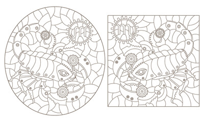 Set of contour illustrations in the style of stained glass with steam punk signs of the zodiac scorpio , dark contours on a white background