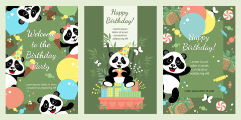 Set of greeting cards with little cute pandas. Happy Birthday. Template for postcard, flyer, banner.
