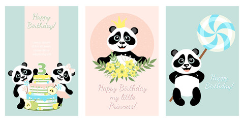Set of greeting cards with little funny pandas. Happy Birthday. Template for postcard, flyer, banner.