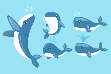 Set of whale swimming in the sea mascot design illustration