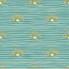 Fototapeta na wymiar Tropic floral seamless pattern with green tropical bush elements print. Blue striped background.