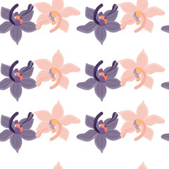 Isolated seamless pattern with pink and purple colored orchid flowers silhouettes. Isolated background.