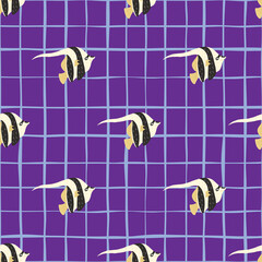 Tropic seamless pattern with imperial angelfish ornament. Purple bright chequered background.