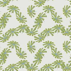 Fototapeta premium Random green palm licuala leaves seamless pattern. Pastel background. Abstract botany foliage ornament.