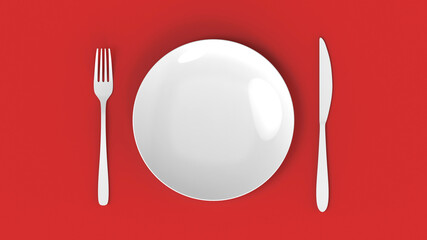 White crockery on red background. Plate, knife and fork. Modern design. Backgrounds for kitchen interior. 3d rendering