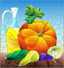 Illustration in the style of a stained glass window with a vegetable still life, vegetables on a blue background, rectangular image