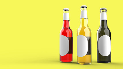 3d render beer bottles on a yellow background. Modern design. Backgrounds for kitchen interior