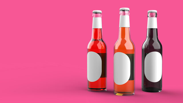 3d render beer bottles on a pink background. Modern design. Backgrounds for kitchen interior