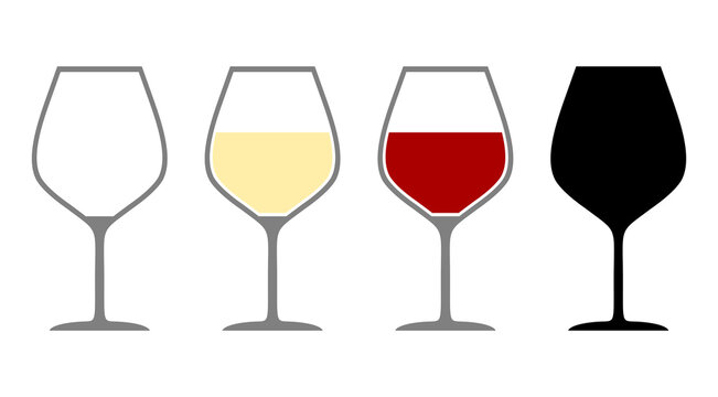 Set of Wine Glass Icons including Empty Glass, Glasses with White and Red Wine and Silhouette. Vector Image.
