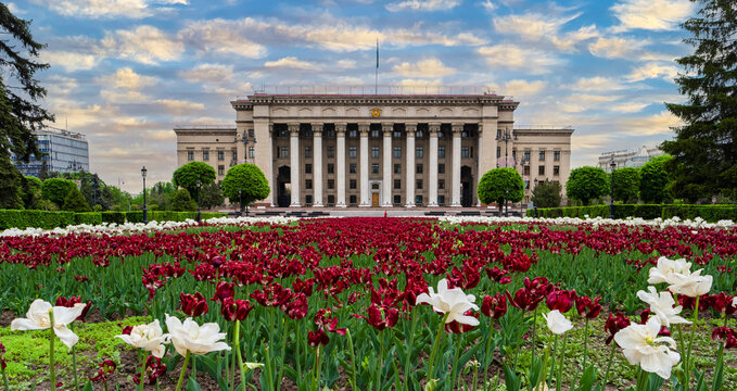 05.08.2021 Almaty, Kazakhstan, View of the building of the government of the cities of almaty from the park of astana.