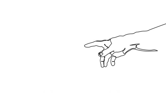 Continuous one line drawing of hands going to touch together. One line art of touching fingers. 4K video animation with alpha channel.