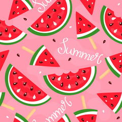 summer seamless pattern ice cream watermelon with seeds on a blue background.