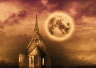 3D catholic church and full moon