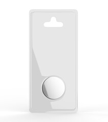 Button cell hang tab blister packaging blank template, 3d render illustration.