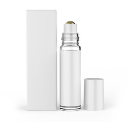 Blank Glass Roller Ball Perfume Bottle with paper box, 3d render illustration.