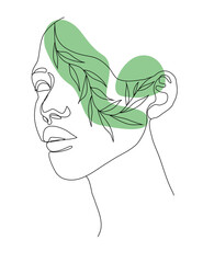 Outline woman face with flower in linear style