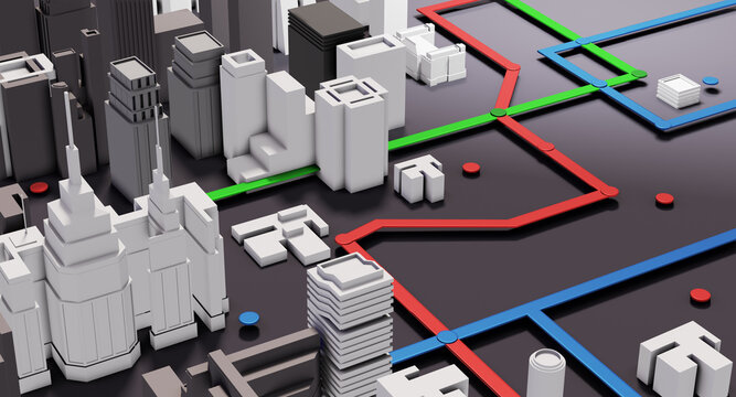 3D Render Abstract city. Modern City plan, streets and skyscrapers with traffic and tube map lines. Business planning, strategy and investment 