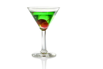 green alcoholic midori cocktail with cherries in martini glass isolated on white, copy space