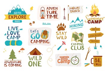 Camping lettering. Summer camp, traveling, mountain hiking. Adventure quotes and phrases with hand drawn doodle elements vector set. World exploration and discover, club emblem with equipment