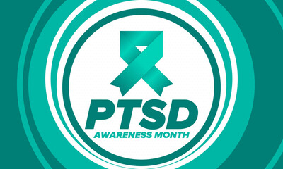 PTSD Awareness Month in June. Post Traumatic Stress Disorder. Celebrated annual in United States. Medical health care and awareness design. Poster, card, banner and background. Vector illustration