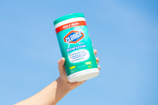 Hamilton, Ontario, Canada - March 2020: A Hand holding a container of Clorox brand disinfectant wipes. This has become a scarce commodity amidst the Coronavirus pandemic.