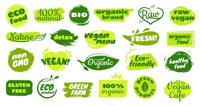 Organic eco labels. Healthy, fresh, bio, natural, gluten free, vegan food badge. Eco product logo with hand drawn elements vector set. Detox and vegetarian menu logotypes for business