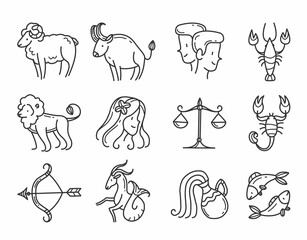 Line art icon set of zodiac signs in doodle style. Vector illustration isolated on background.