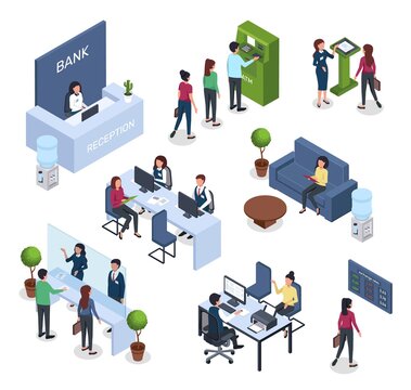 Isometric Bank. Financial Consultation, ATM Queue, Reception Desk, Currency Exchange. 3d Bank Office Interior With Clients And Workers Vector Set. Employees In Office With Visitors