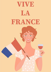 A cute redhead girl smiles, holds the flag of France and a glass of wine. Text 