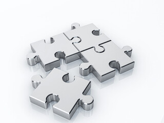 Metallic Jigsaw Puzzle on white background. 3d Render
