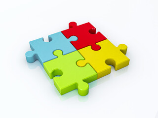 Four assembling color puzzle pieces isolated on white background. 3d Render