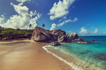 Fototapeta na wymiar Felsen Felswand mit Vegetation und Palmen am Strand und Meer unter strahlend blauem Himmel und türkises Wasser in der Karibik Hawaii USA