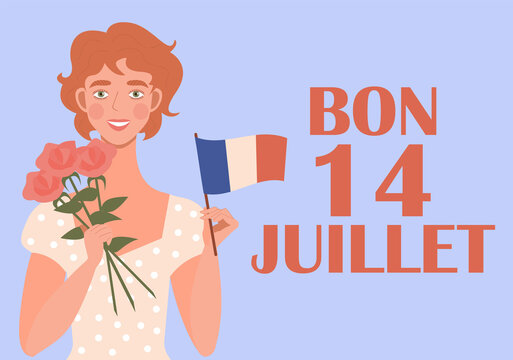 A cute redhead girl  holds the flag of France and flowers. A festive illustration for the French National Celebration on July 14. Greeting card with text Bon 14 juillet