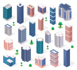 Isometric buildings. Urban skyscraper tower, modern apartment or business office building. 3d city architecture with trees vector set. High blocks of flats facade with green plants