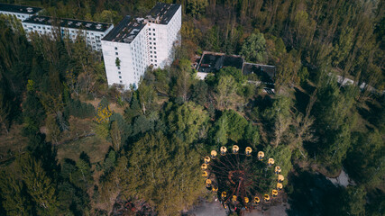 aerial view of ferris wheel in amusement park. the most famous ghost town Pripyat near Chernobyl...