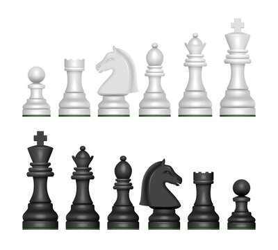 Chess figures. Strategy game symbols pawn horse knights king and queen decent vector realistic pictures