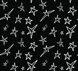 Seamless pattern hand-drawn white stars on a black background. Line drawing style. Hand drawing wallpaper. Night background.