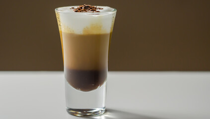 Coffee drink shot with a nutty note with fluffy milk foam, decorated with chocolate shavings