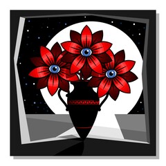 Stylized still life with red flowers in a vase. Wall art, poster design. Vector illustration.