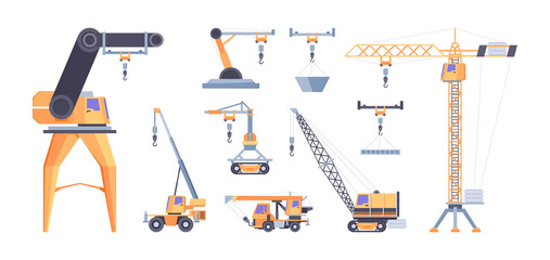 Cranes for builders. Construction vehicles industrial loaders hoisting machines ropes with hook transporters garish vector illustrations in cartoon style