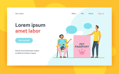 Cat owners men discussing pet passport. Veterinary animal identification document flat vector illustration. Pet passport concept for banner, website design or landing web page