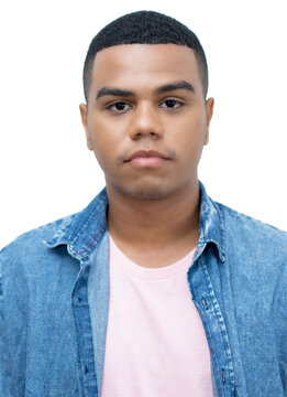 Passport photo of serious brazilian young adult man with braces