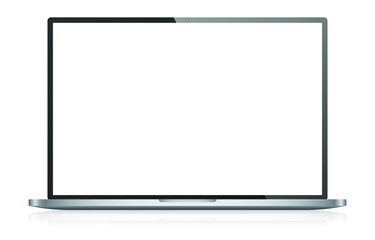 Realistic laptop with blank white screen. Opened notebook with reflection. Glossy electronic gadget. Mock up template for your design. Vector illustration