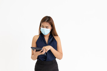 Business women wearing protective mask for corona virus. Business workers wear masks to protect and take care of their health during the Covid-19 outbreak. New normal working environment.