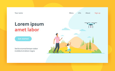 Happy father with daughter playing with quadcopter. Toy, nature, game flat vector illustration. Summer activity and fatherhood concept for banner, website design or landing web page
