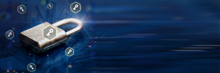 Closed security lock on digital technology background. Business, Cyber Security, unauthorized access, web technology, internet and networking concept. Creative banner wih copyspace.