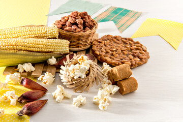 June party table Typical Brazilian feast of June. Corn, peanuts, popcorn and pine nuts.