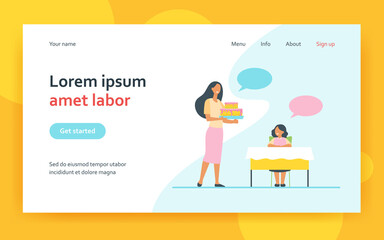 Mom and daughter kid celebrating girls birthday with cake. Mother holding homemade dessert. Flat vector illustration. Festive sweet food, pastry concept for banner, website design or landing web page