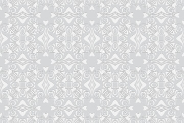 3d volumetric convex embossed geometric white background. Ethnic pattern in doodling style, oriental arabic motives.
Ornament with hearts, shapes and curls for wallpaper, website, presentation.