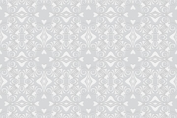 3d volumetric convex embossed geometric white background. Ethnic pattern in doodling style, oriental arabic motives.
Ornament with hearts, shapes and curls for wallpaper, website, presentation.